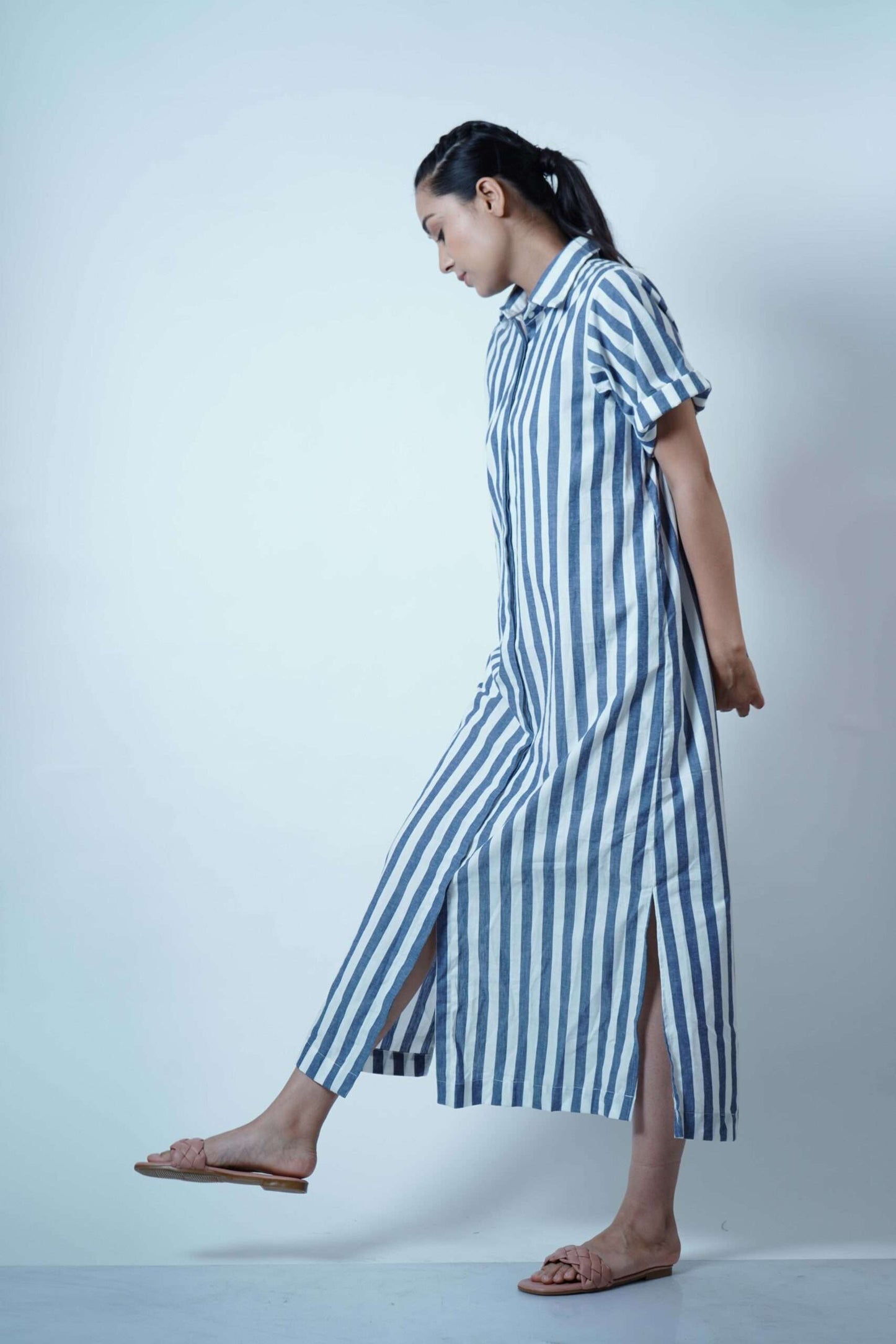 SIDE SLIT DRESS-BLUE STRIPE