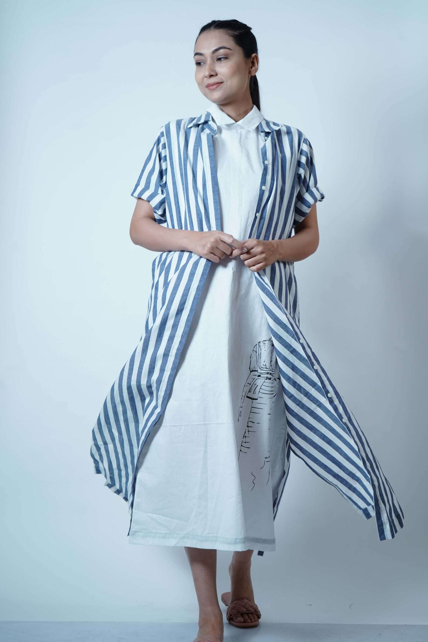 SIDE SLIT DRESS OVERLAY- BLUE STRIPE