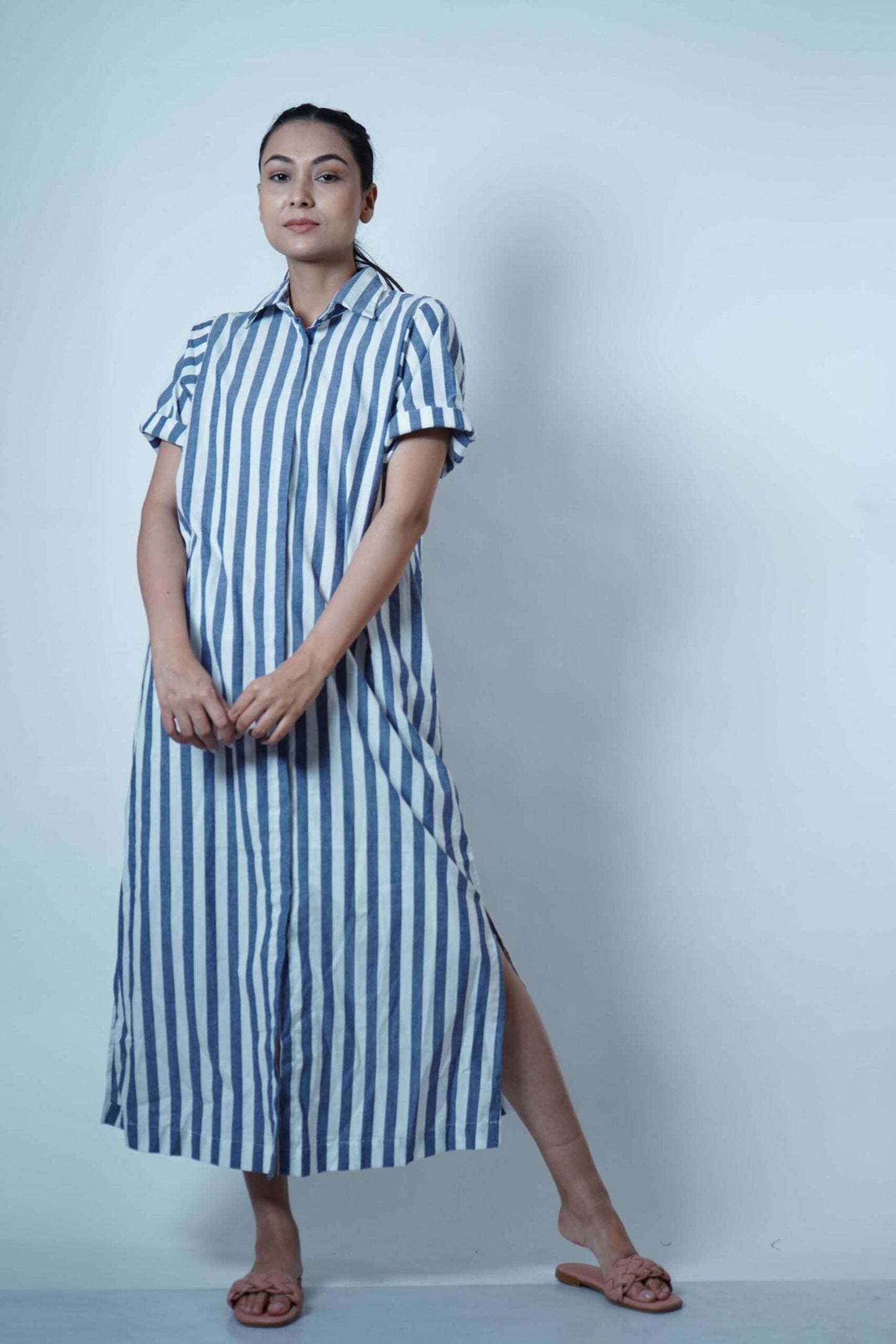 SIDE SLIT DRESS-BLUE STRIPE