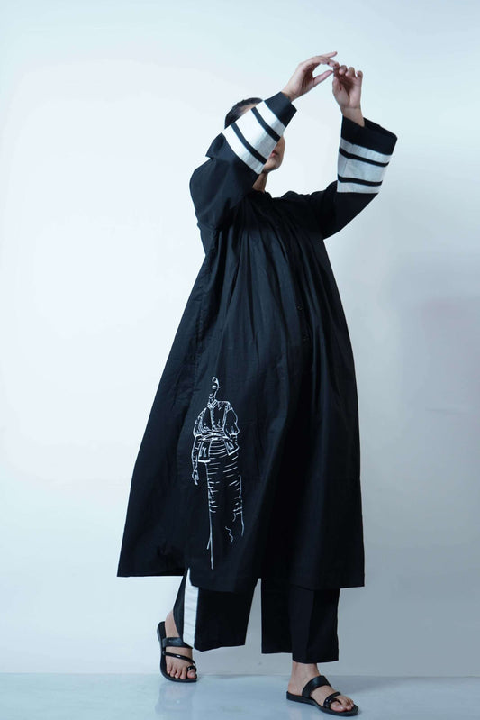 SHIRT COLLAR LONG SHIRT WITH SLEEVE DETAIL-BLACK