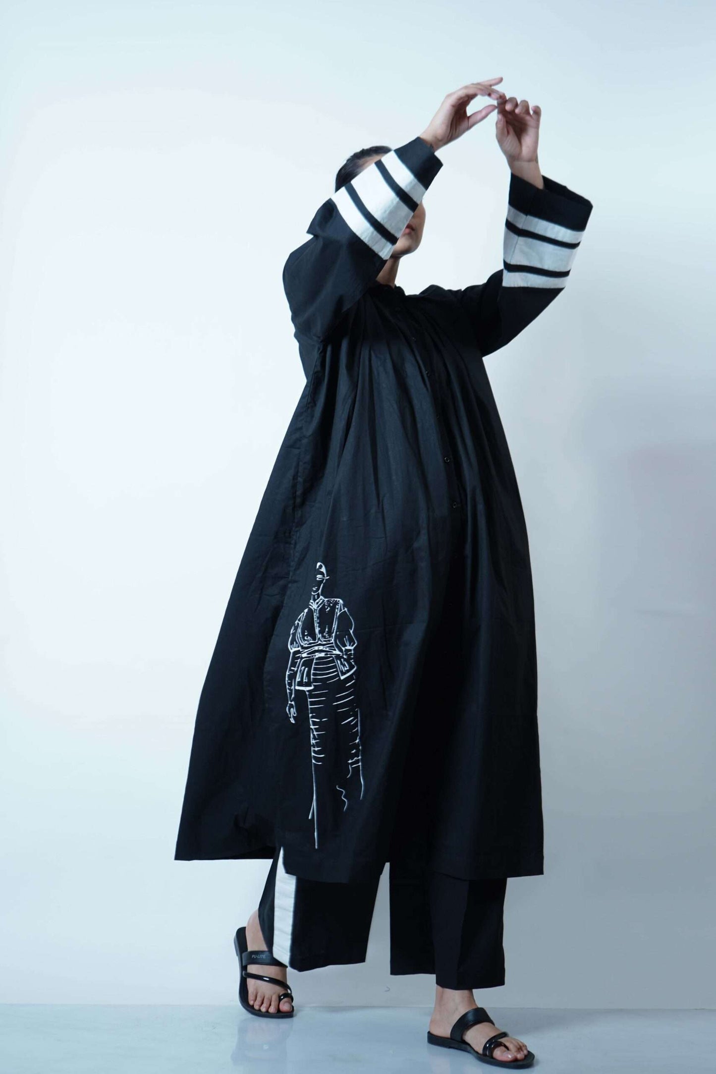 SHIRT COLLAR LONG SHIRT WITH SLEEVE DETAILS CO-ORD WITH SCARF(SET OF 3)