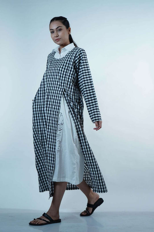 HIGH SLIT FRONT OPEN DRESS-BLACK CHECK