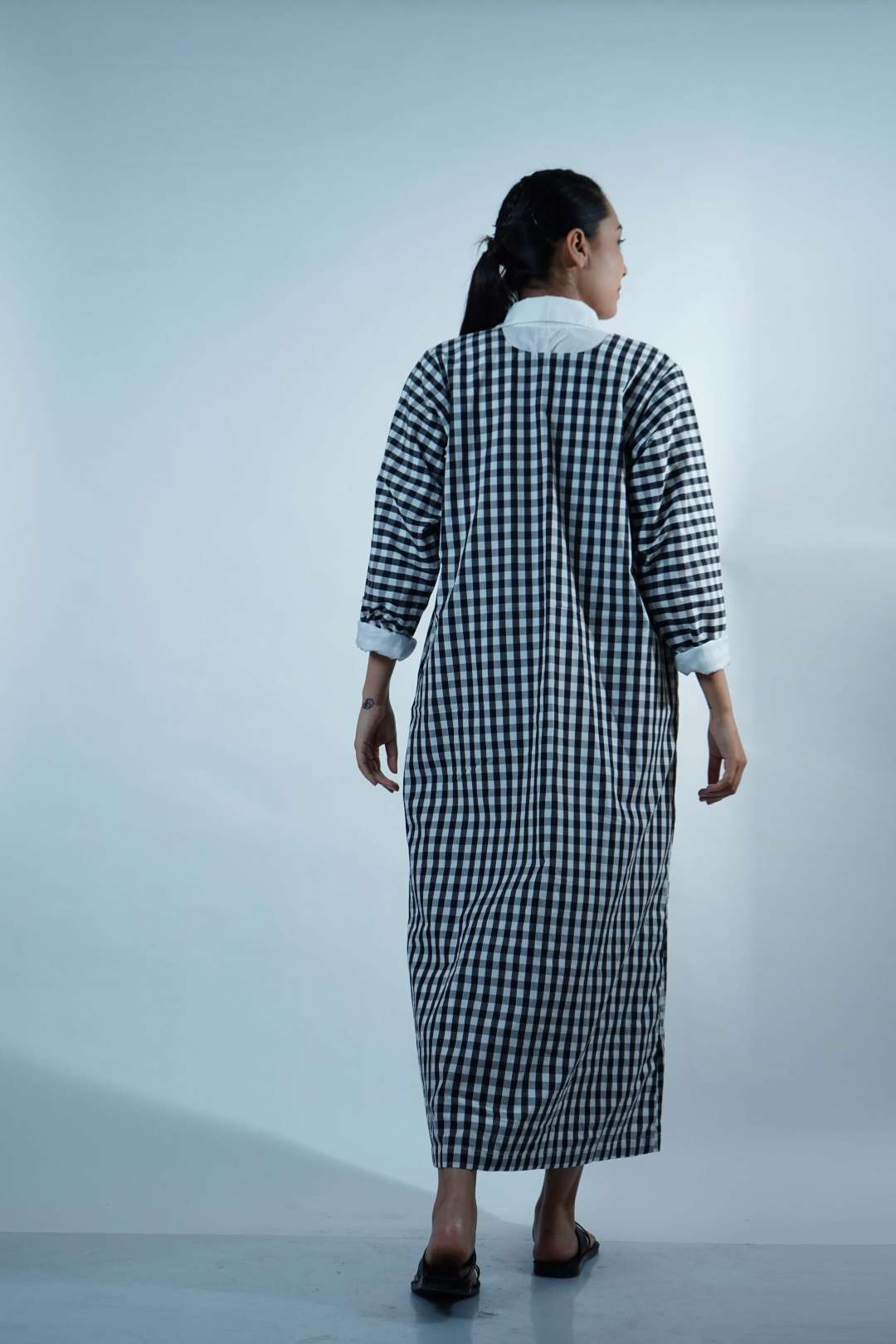 HIGH SLIT FRONT OPEN DRESS-BLACK CHECK