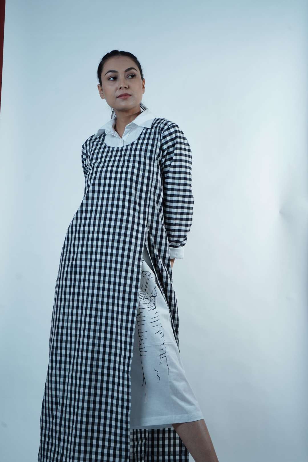 HIGH SLIT FRONT OPEN DRESS-BLACK CHECK