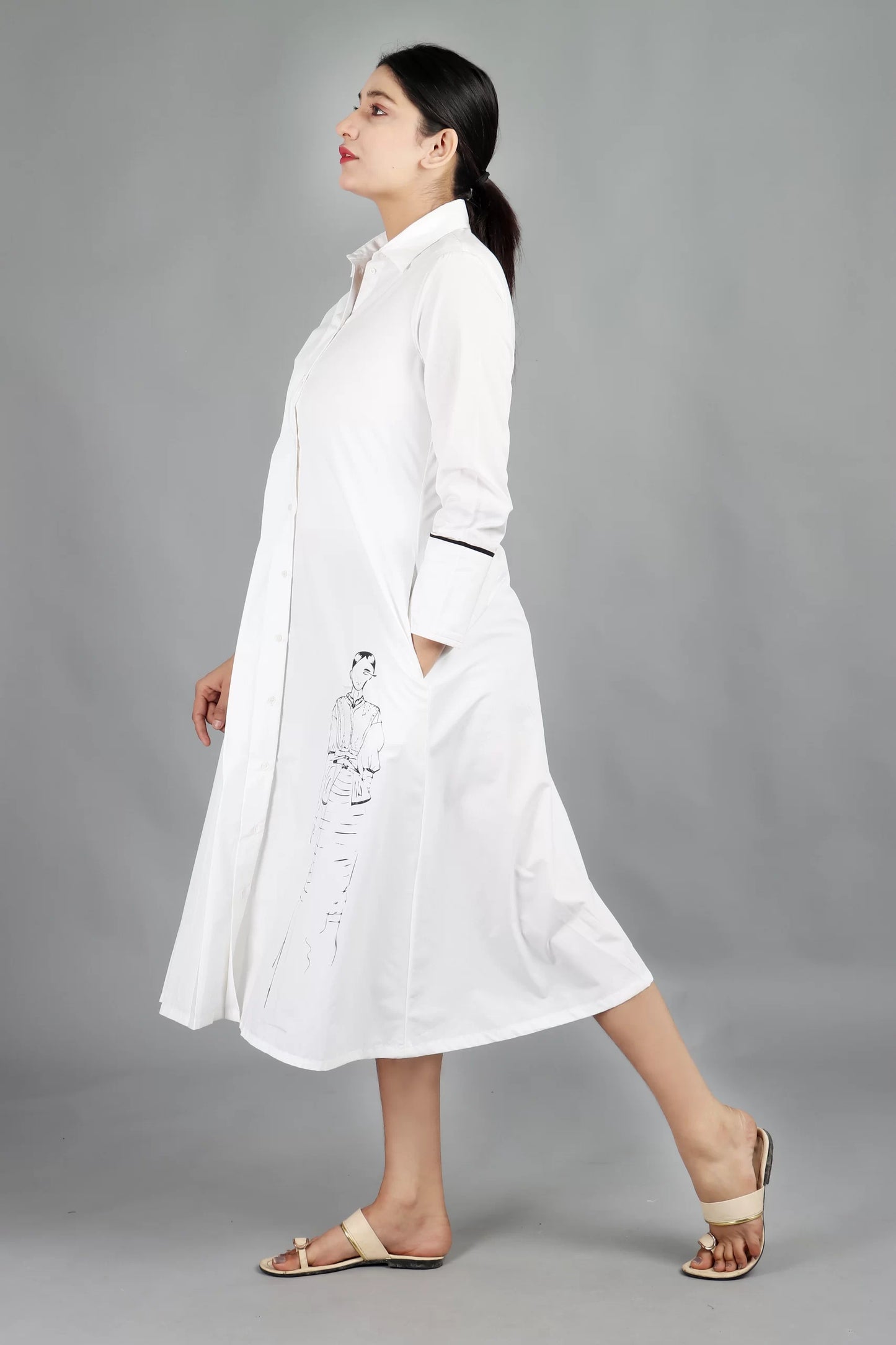 Half Pleated Dress-White