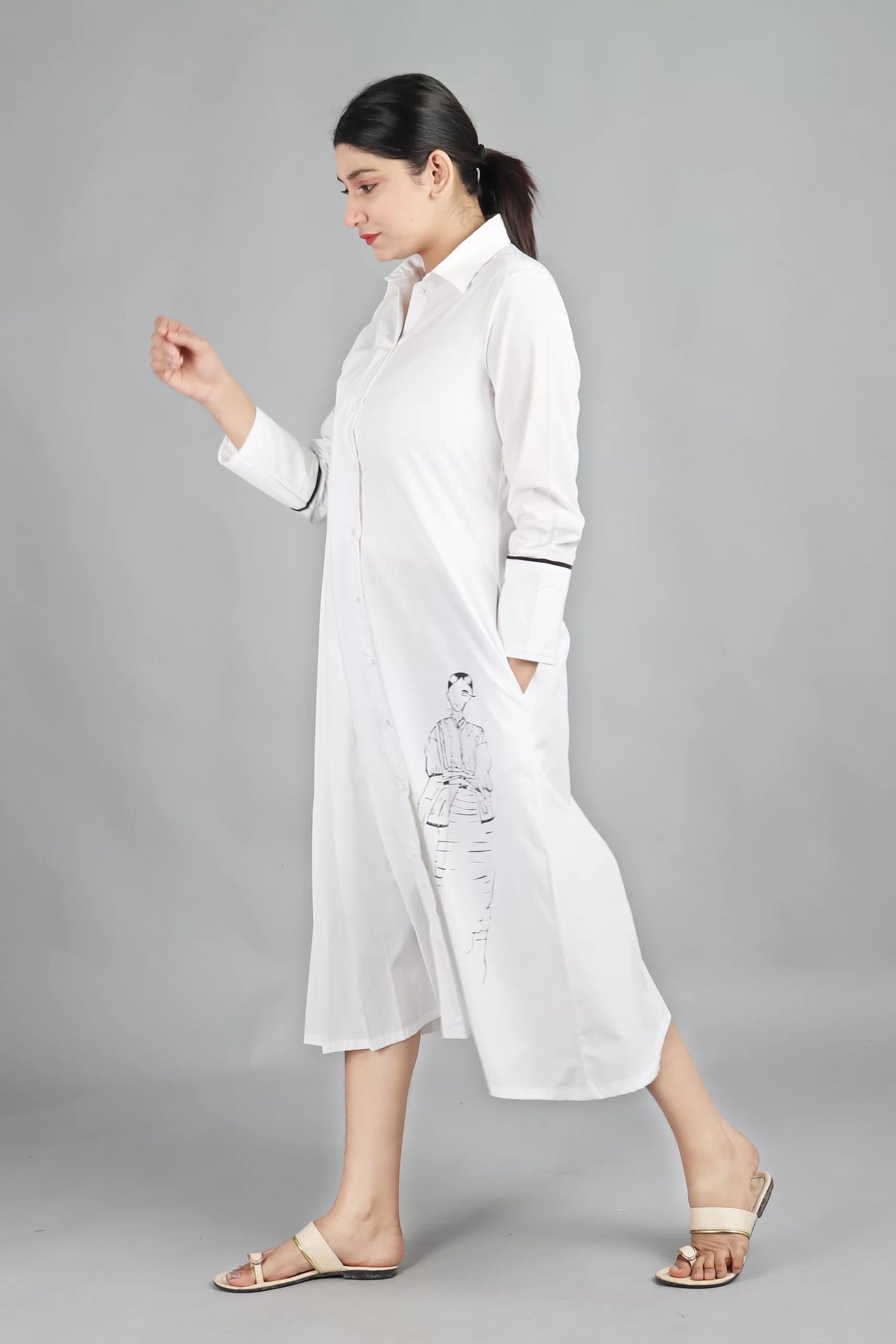 Half Pleated Dress-White