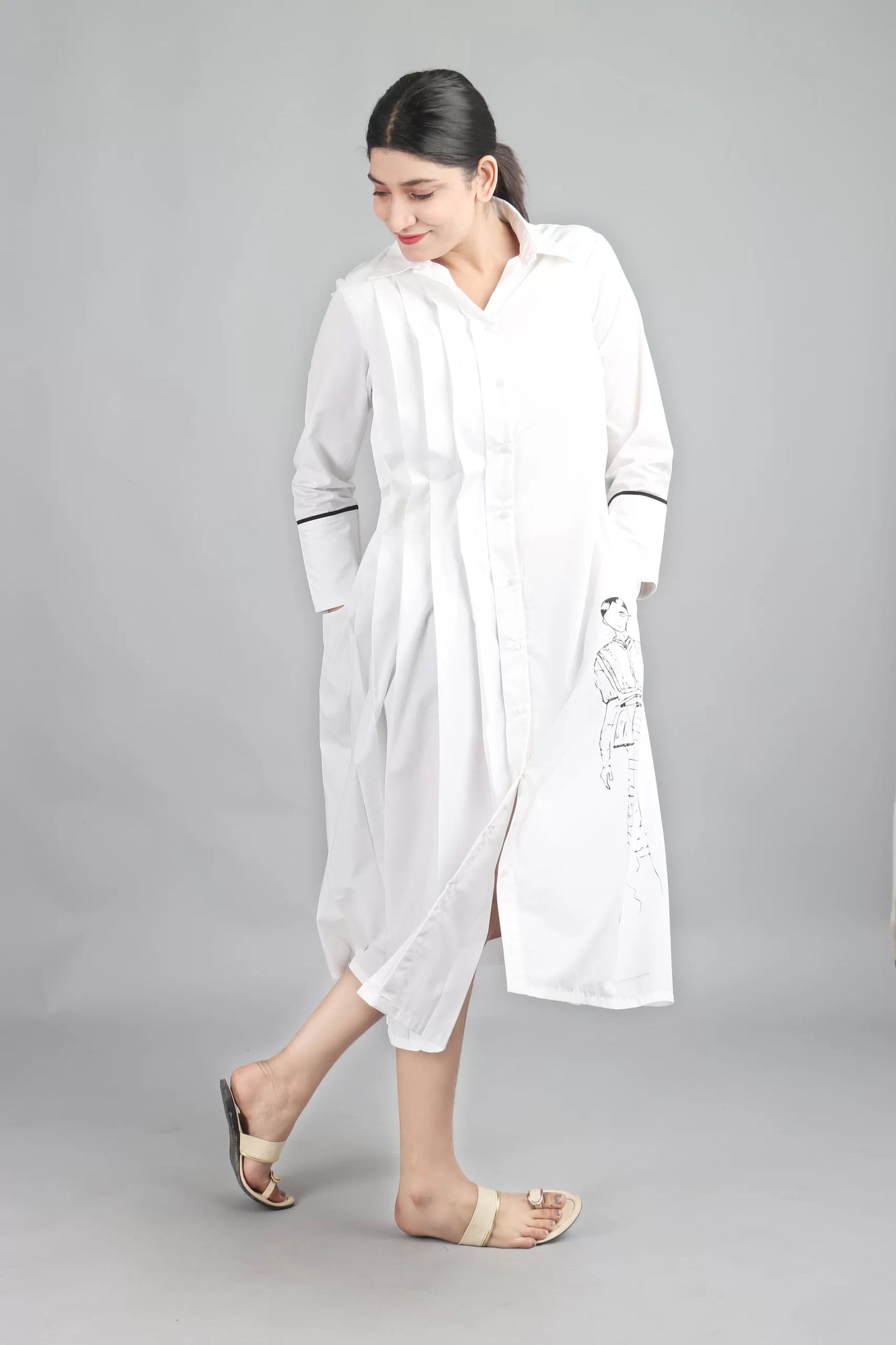 Half Pleated Dress-White