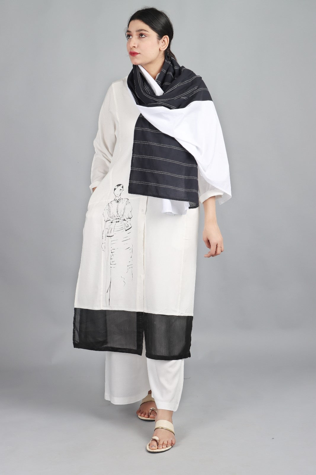 FRONT YOKE LONG SHIRT CO-ORD WITH SCARF (SET OF 3)