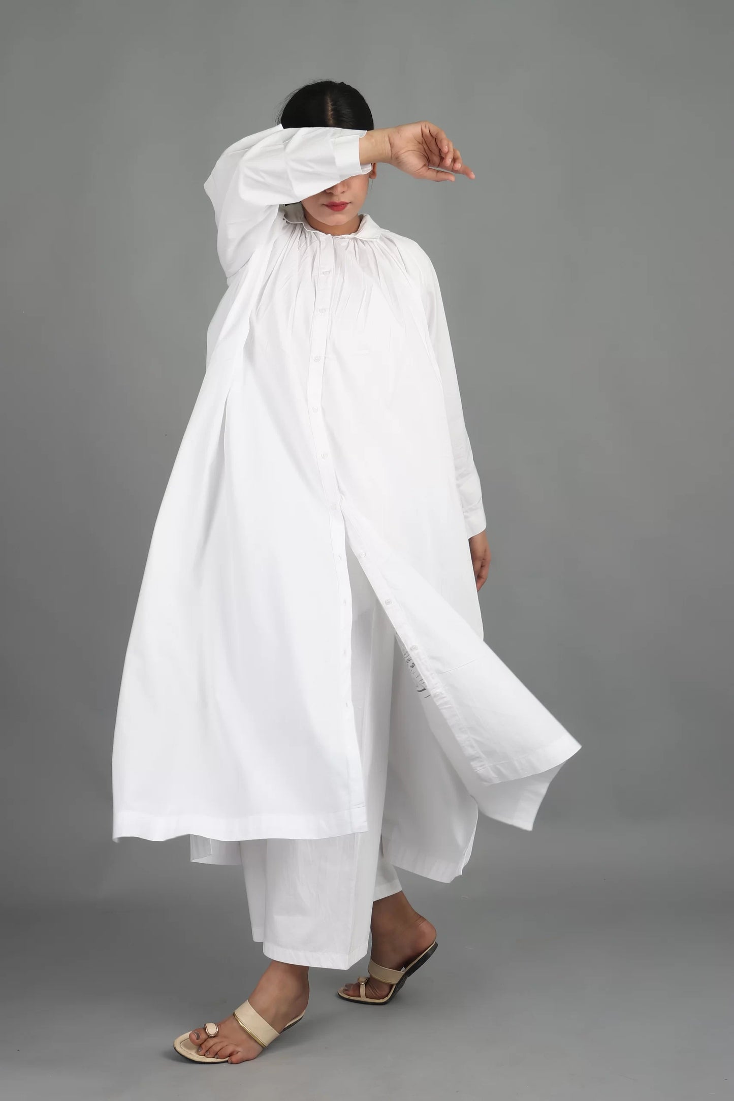 Shirt Collar Long Shirt- White